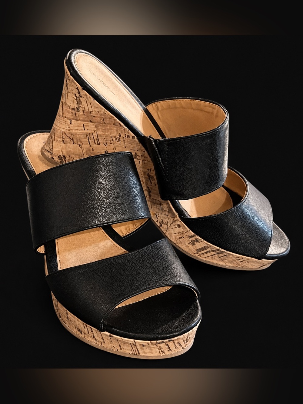 Women’s Black Double Strap Cork Wedge Slide Sandals